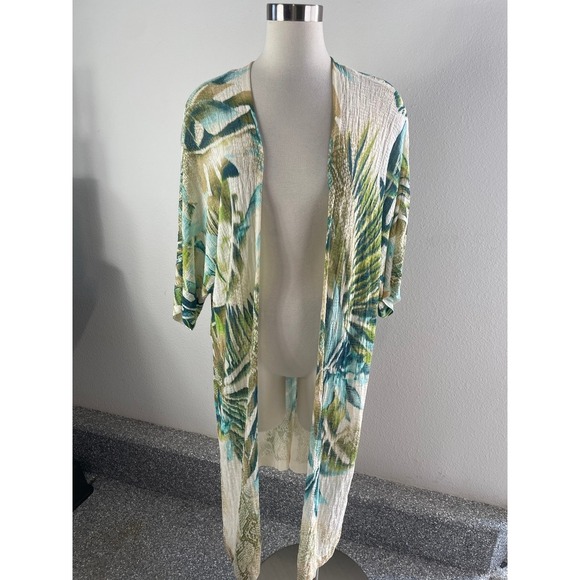 Chico's Sweaters - Chicos‎ Medium Tropical Palm Long Kimono Cardigan Green Teal Short Sleeve